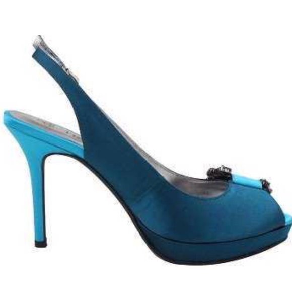SOLD❗️ New J Renee REGINA Teal & Peacock Jeweled Peeptoe Satin Shoes in Size 8.5 - Picture 12 of 16